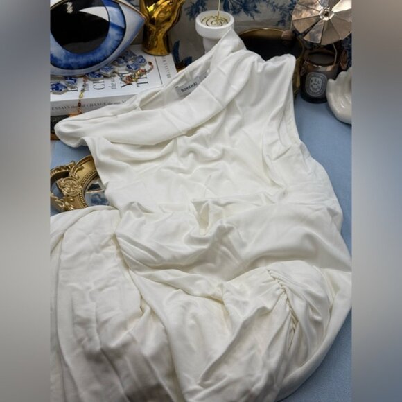 🆕 SIMKHAI 🧿 NWOT Acacia Draped Ruched Jersey Midi Dress, Ivory - Sz S - Picture 13 of 15